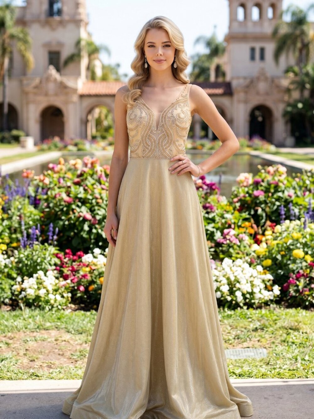 New Gold Elegant Long A-Line Festive Dress w/ Rhinestones Embroidery JT 699